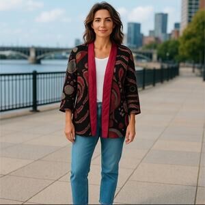 Art To Wear Embroidered Woven Wool Open Front Sweater Coat By ANU Size M